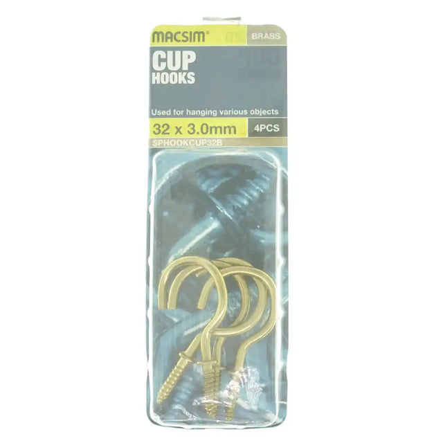 Pack of Macsim cup hooks with packaging on a white background