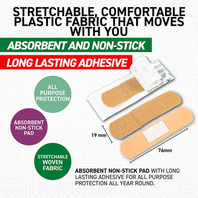 Three adhesive bandage pads shown on a white background with marketing text. The pads are tan/beige with white adhesive sections, and the image includes callouts for size (19 mm and 76 mm) and feature badges reading 'All Purpose Protection,' 'Absorbent Non-Stick Pad,' and 'Stretchable Woven Fabric.
