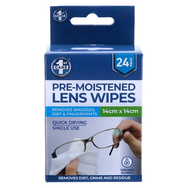 Pack of pre-moistened lens wipes with a hand holding glasses and a wipe.