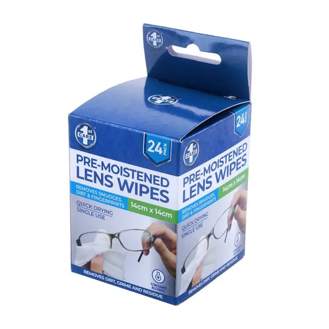 Box of pre-moistened lens wipes with a blue and white design.