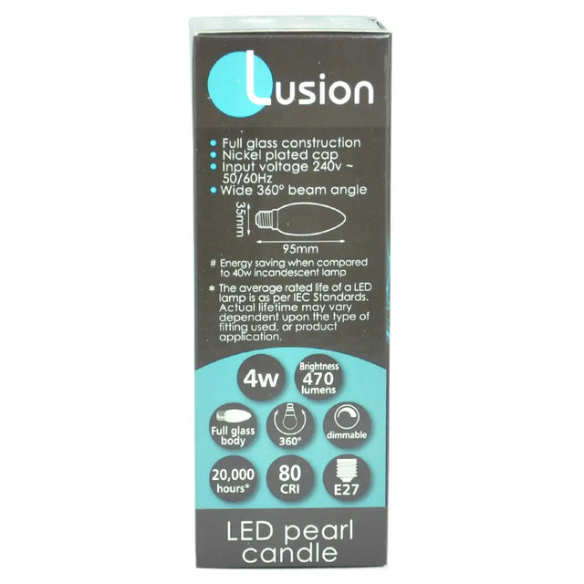 Lusion LED pearl candle packaging with specifications on a white background