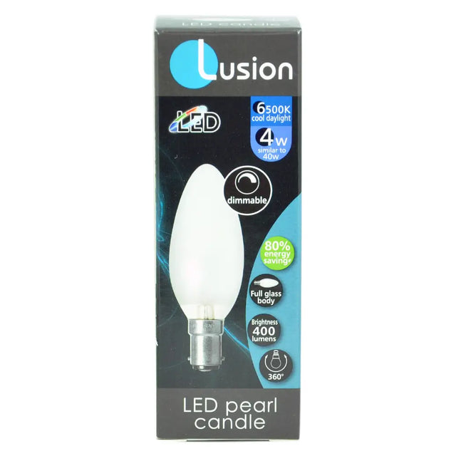 Lusion LED pearl candle bulb packaging on a white background
