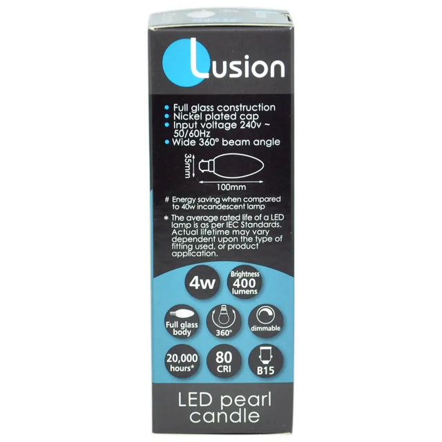 Lusion LED pearl candle packaging with specifications on a white background