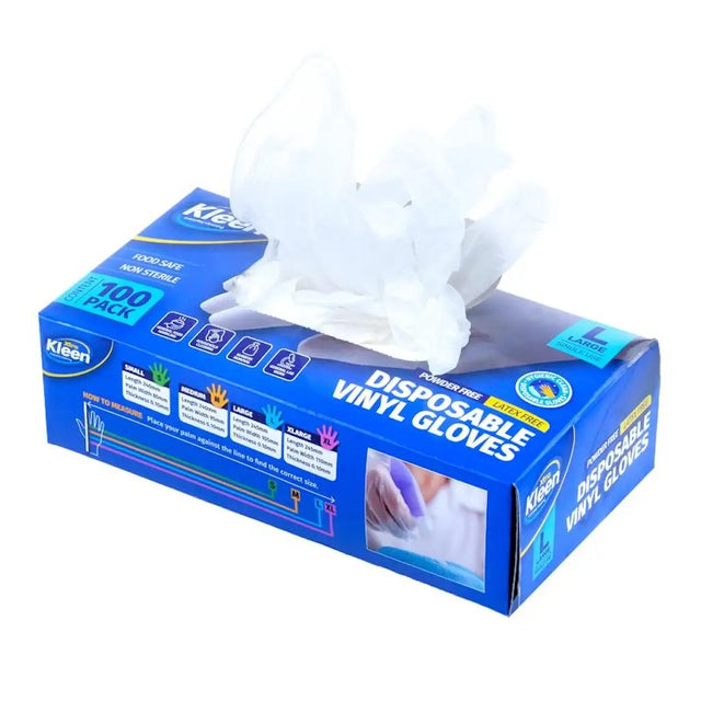 Box of Kleen disposable vinyl gloves on a white background