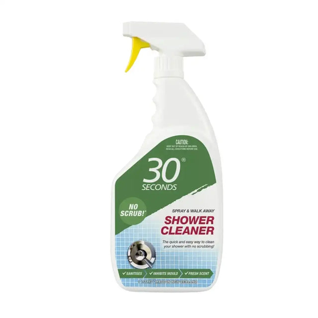 30 Seconds shower cleaner spray bottle on a white background