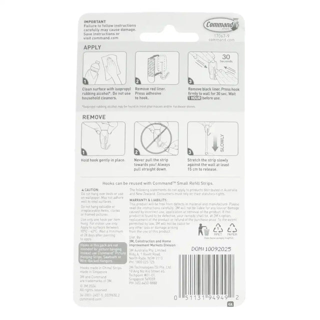 Back of a Command hook packaging with application and removal instructions.