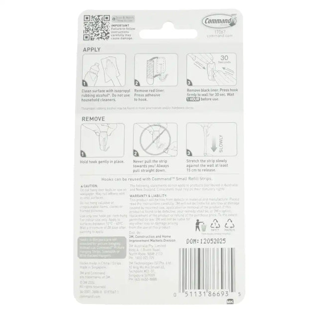 Back of a Command hook packaging with application and removal instructions.