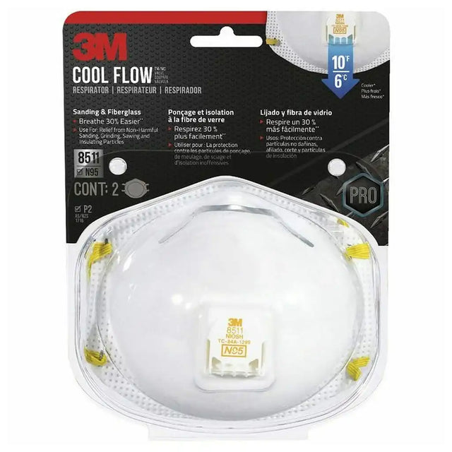 3M Cool Flow Pro N95 respirator mask in retail blister packaging, showing a white curved face mask with yellow side straps and a gold valve connector, against a black and red cardboard header.