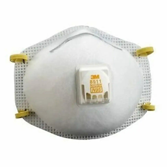 A white 3M 8511 N95 respirator mask with a central valve and yellow ear loops, shown against a plain white background.