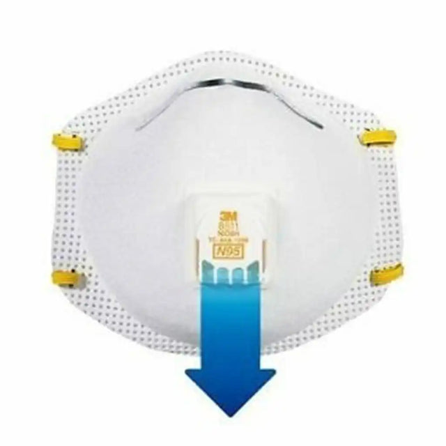 A white N95 face mask with yellow ear loops and a blue downward arrow graphic over the center, shown on a plain white background.