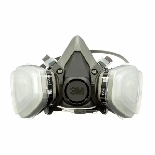 A 3M dual-face mask with a gray and black central respirator body, two clear plastic filter canisters on either side, and black straps, shown on a plain white background.