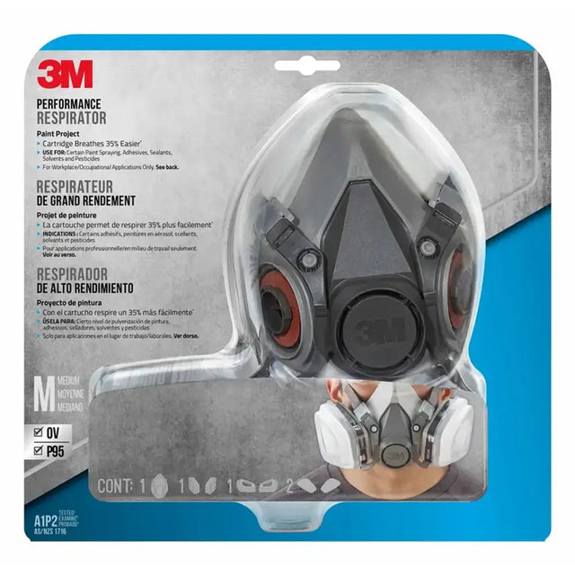 3M Performance Respirator mask in its original retail blister packaging, featuring a gray and black full-face respirator with red accents.