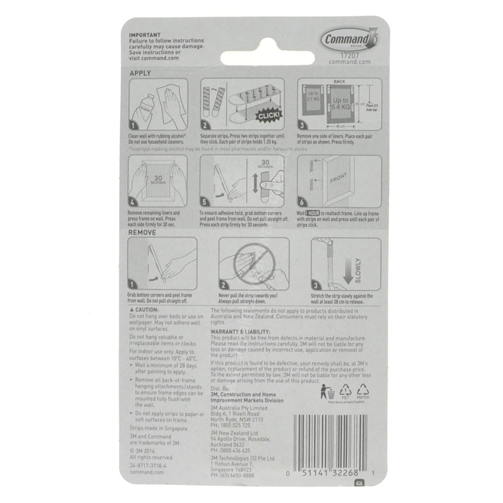 3M Command Damage - Free 4 Sets Narrow Picture Hanging Strips 5.4Kg 17207