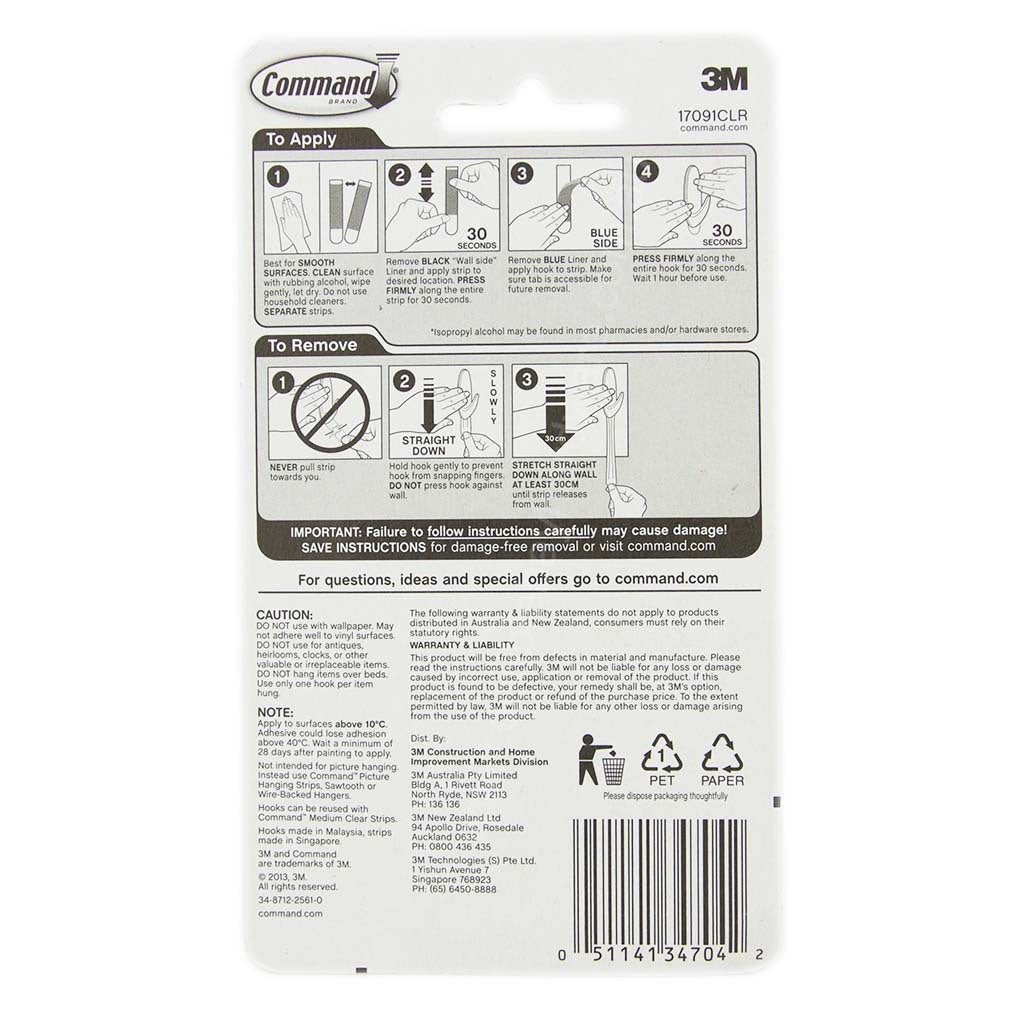 3M Command Damage - Free Hanging Med Clear Hook 2 Hooks 4 Strips 900g 17091CLR