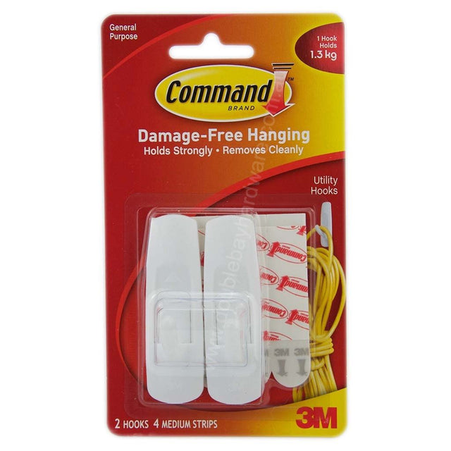 3M Command Damage - Free Hanging Medium Hooks 2 Hooks 4 Strips 1.3Kg 17001ANZ