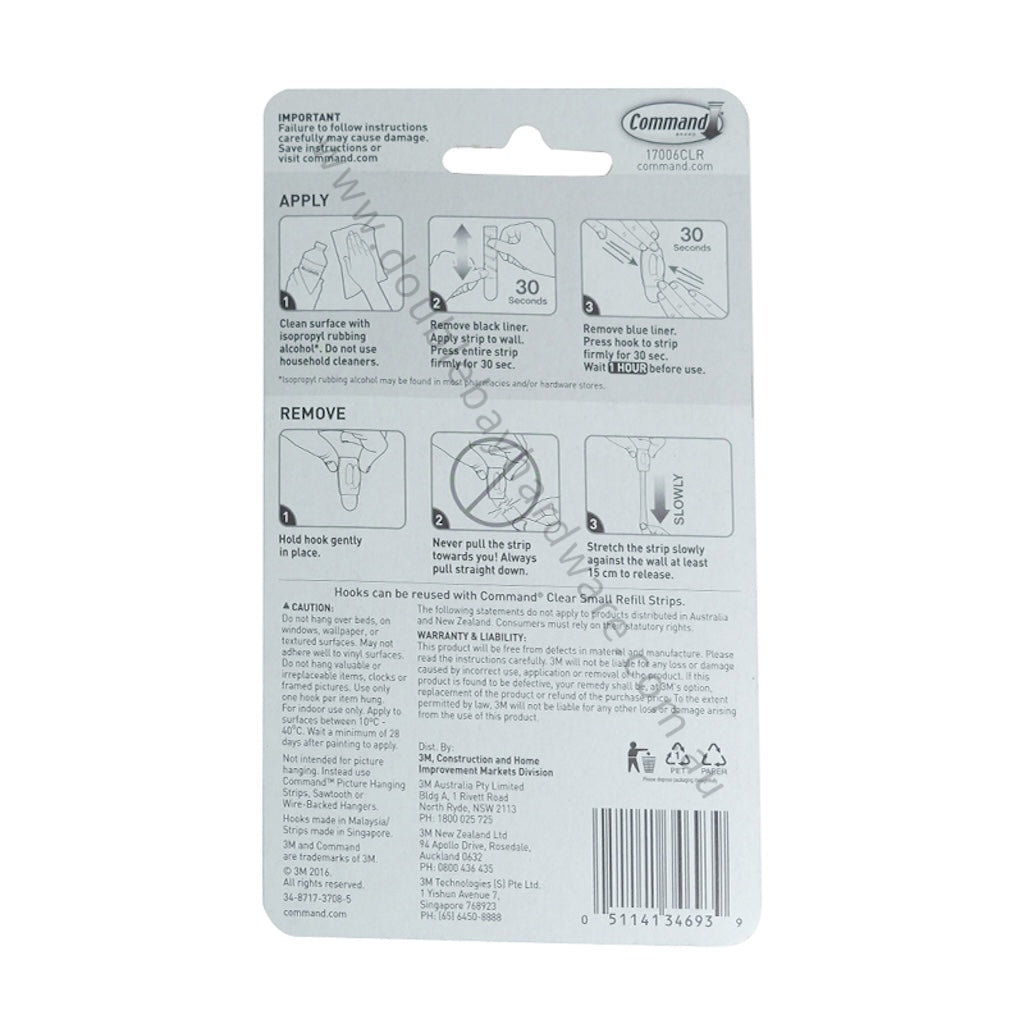 3M Command Damage - Free Hanging Mini Clear Hook 6 Hooks 8 Strips 225g 17006CLR