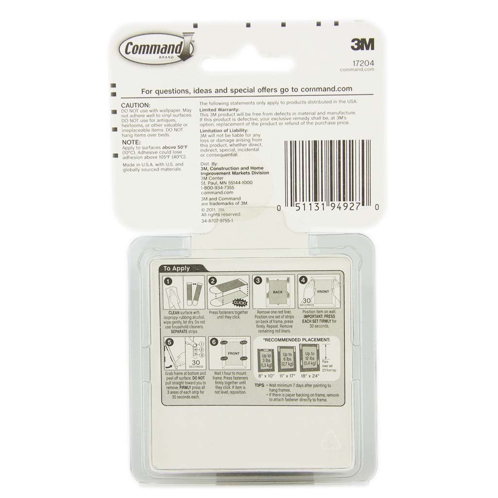 3M Command Damage - Free Hook Medium Picture Hanging Strips 4 Sets Up 5.4Kg 17204