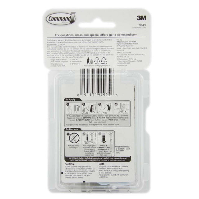 3M Command Damage - Free Wire - Backed Picture Hook 3 Hanger 6 Strip 2.2Kg 17043