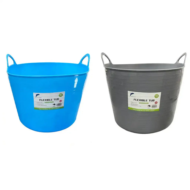 Two flexible tubs, one blue and one gray, on a white background.