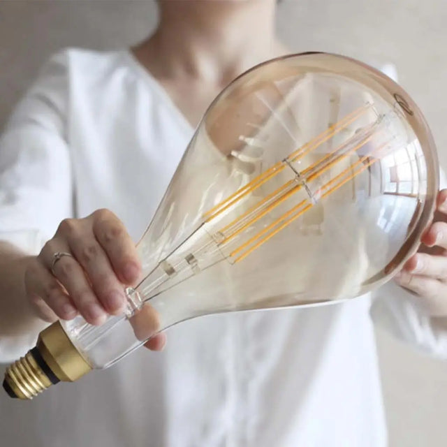 Person holding a large, clear light bulb with visible filaments against a neutral background
