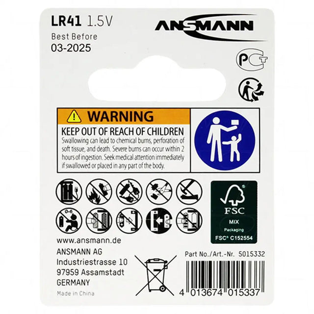 Ansmann battery packaging with warning label and product details.
