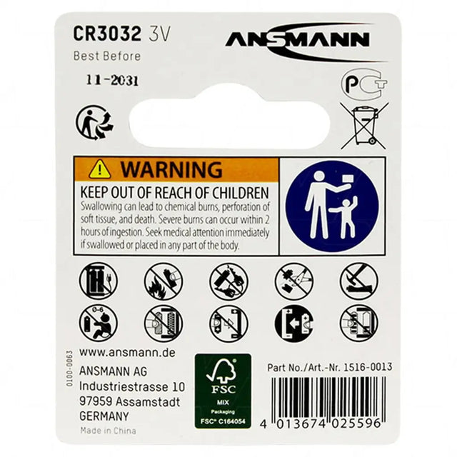 Ansmann CR3032 battery packaging with warning label and product details.