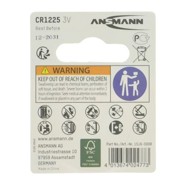Ansmann CR1225 3V battery packaging with warning label and product details.