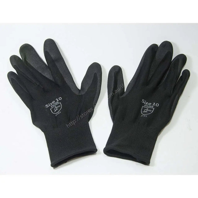 A pair of black work gloves with textured non-slip palms and backs, size 10, displayed on a plain white background.