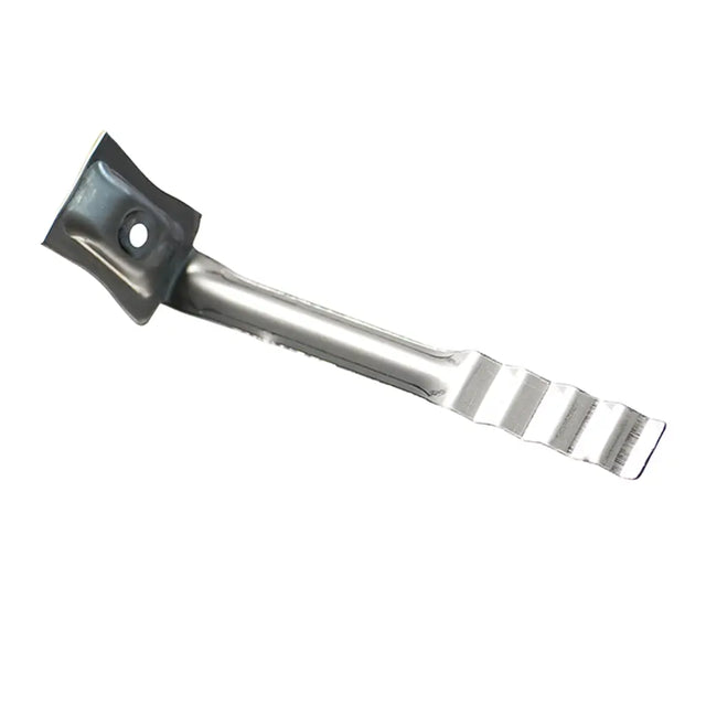 Metallic tool with a black rubberized handle on a white background