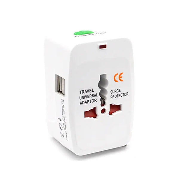 Travel universal adaptor with surge protector on a white background