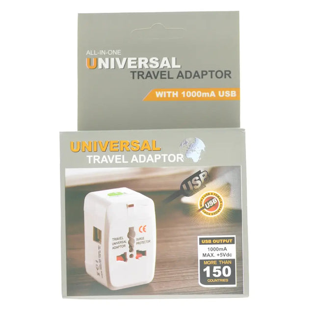 Packaging of a universal travel adapter with USB output on a white background