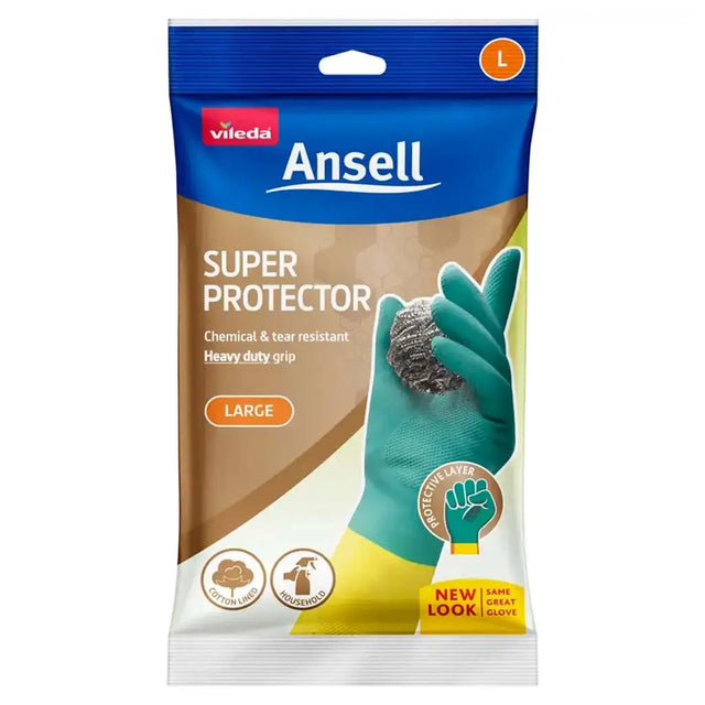 Ansell Super Protector gloves packaging with a glove and cleaning sponge on a white background