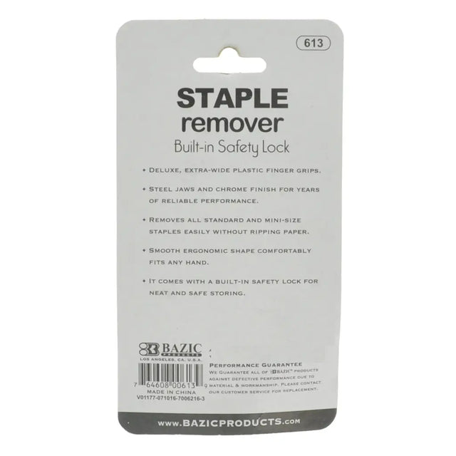 Bazic staple remover packaging with product details on a white background