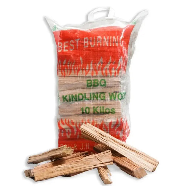 Bag of BBQ kindling wood with some pieces in front on a white background