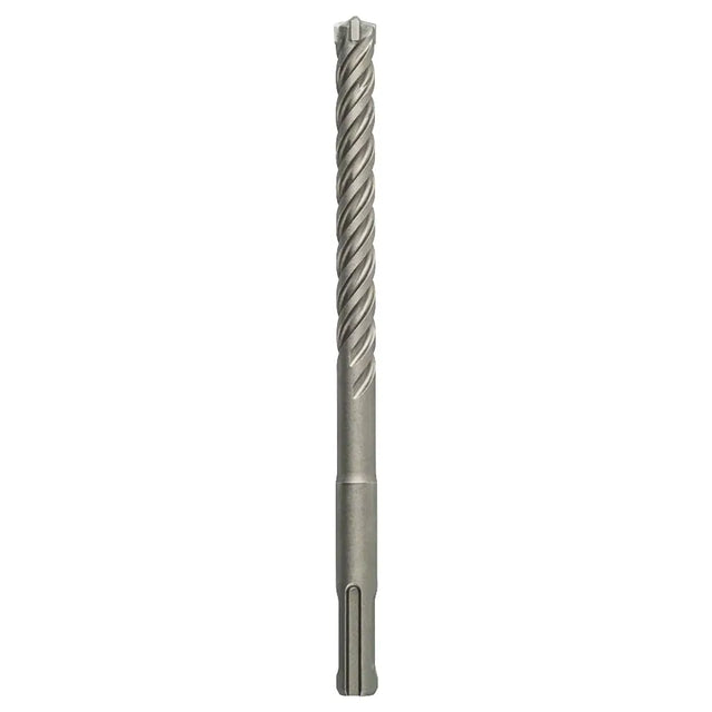 A single metal rotary hammer drill bit with a twisted flute shank and a flat hollow point at the bottom, shown vertically on a plain white background.