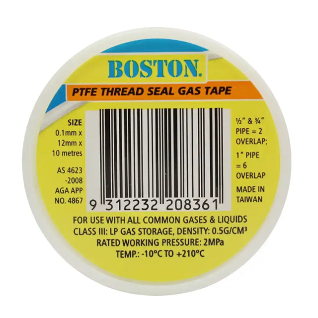 Boston PTFE thread seal gas tape with label and barcode on a white background