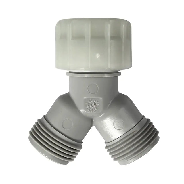 Gray plastic plumbing fitting with threaded ends on a white background