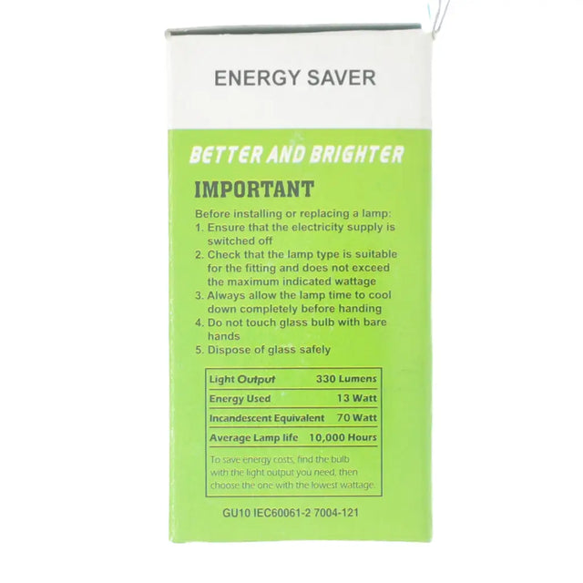 Energy saver light bulb packaging with text and specifications on a white background