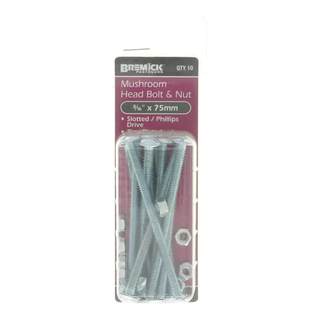 Pack of mushroom head bolts and nuts with Bremick branding on a white background