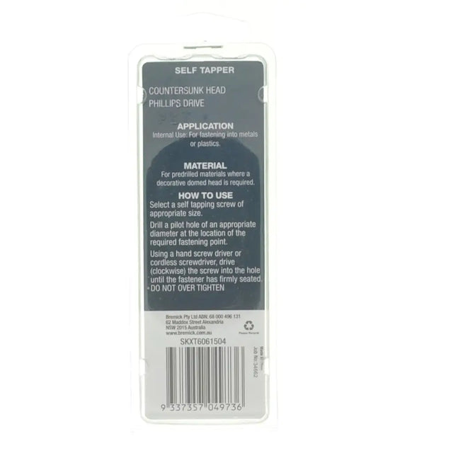 Back of a screw package with text and a barcode on a white background