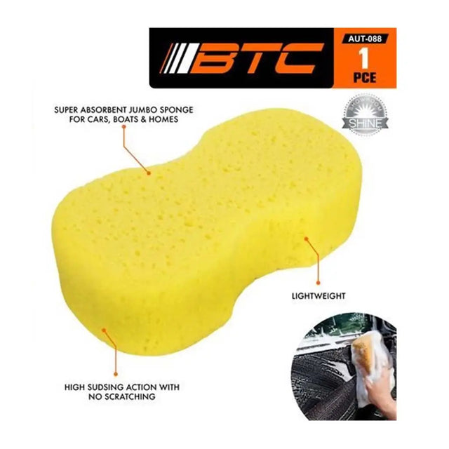 Yellow sponge with BTC branding and product features on a white background