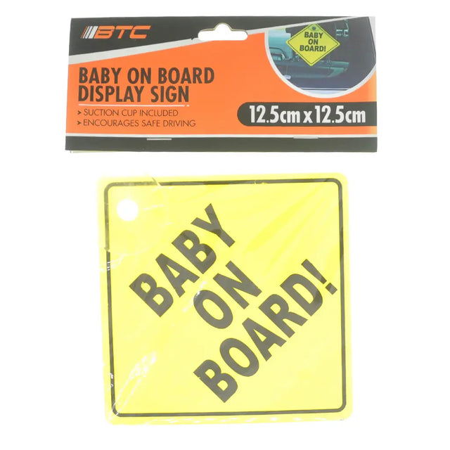 Baby on board display sign with packaging on a white background