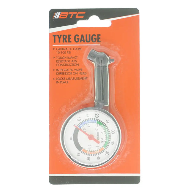 Tyre gauge in packaging with BTC branding