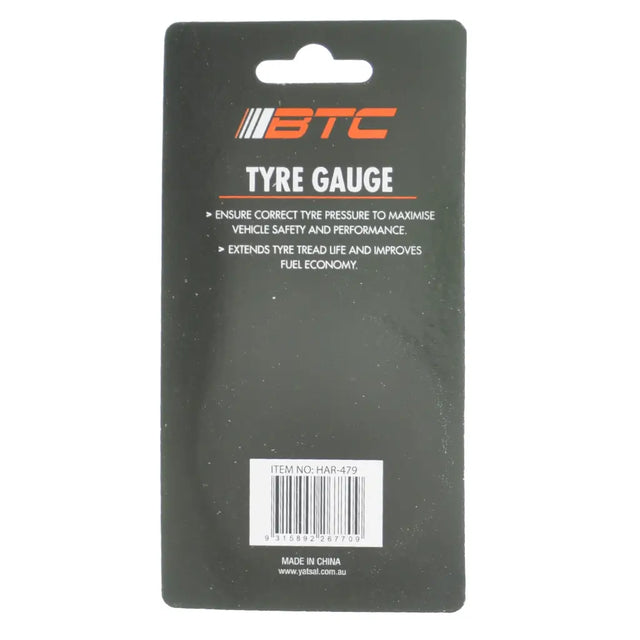 BTC tyre gauge packaging with branding and product details on a white background