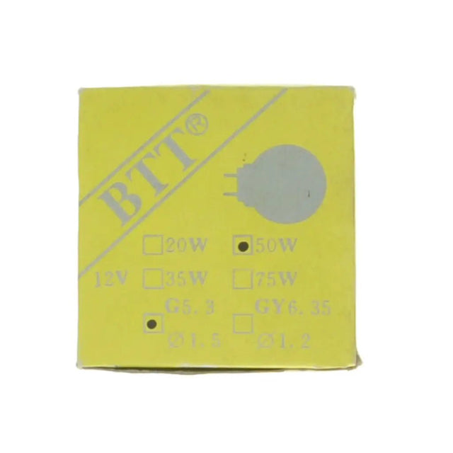 Yellow packaging with BTI branding and specifications on a white background