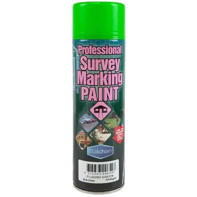Can of Balchan professional survey marking paint with green lid on a white background