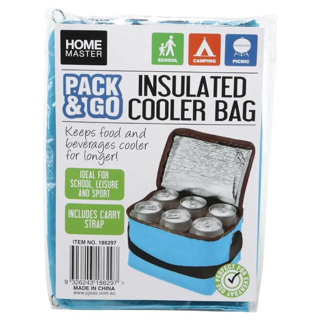 Pack & Go insulated cooler bag packaging with branding and product details.