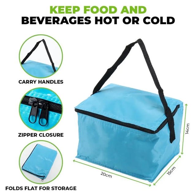 Blue insulated food bag with carry handles, zipper closure, and dimensions on a white background.