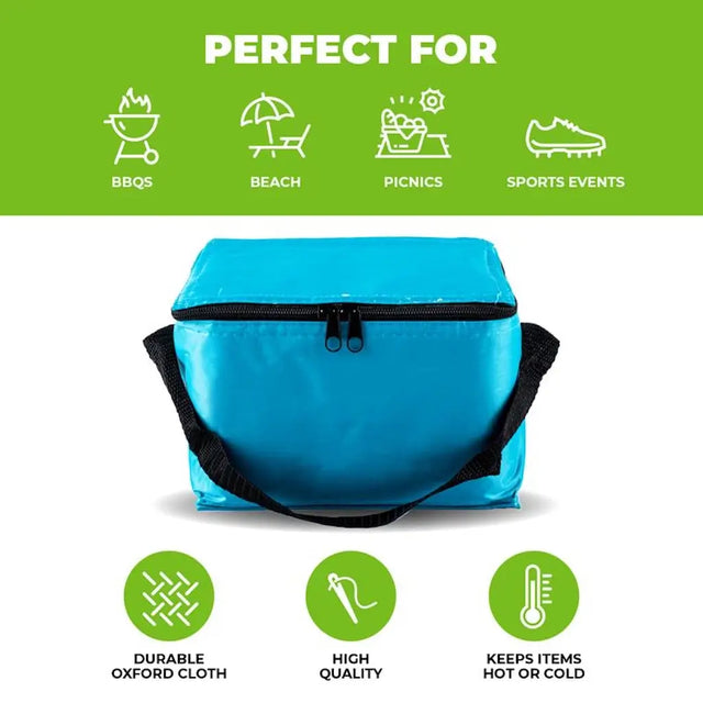 Blue cooler bag with black straps on a white background, featuring icons and text about its uses and features.