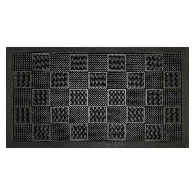 Black doormat with a grid pattern on a white background